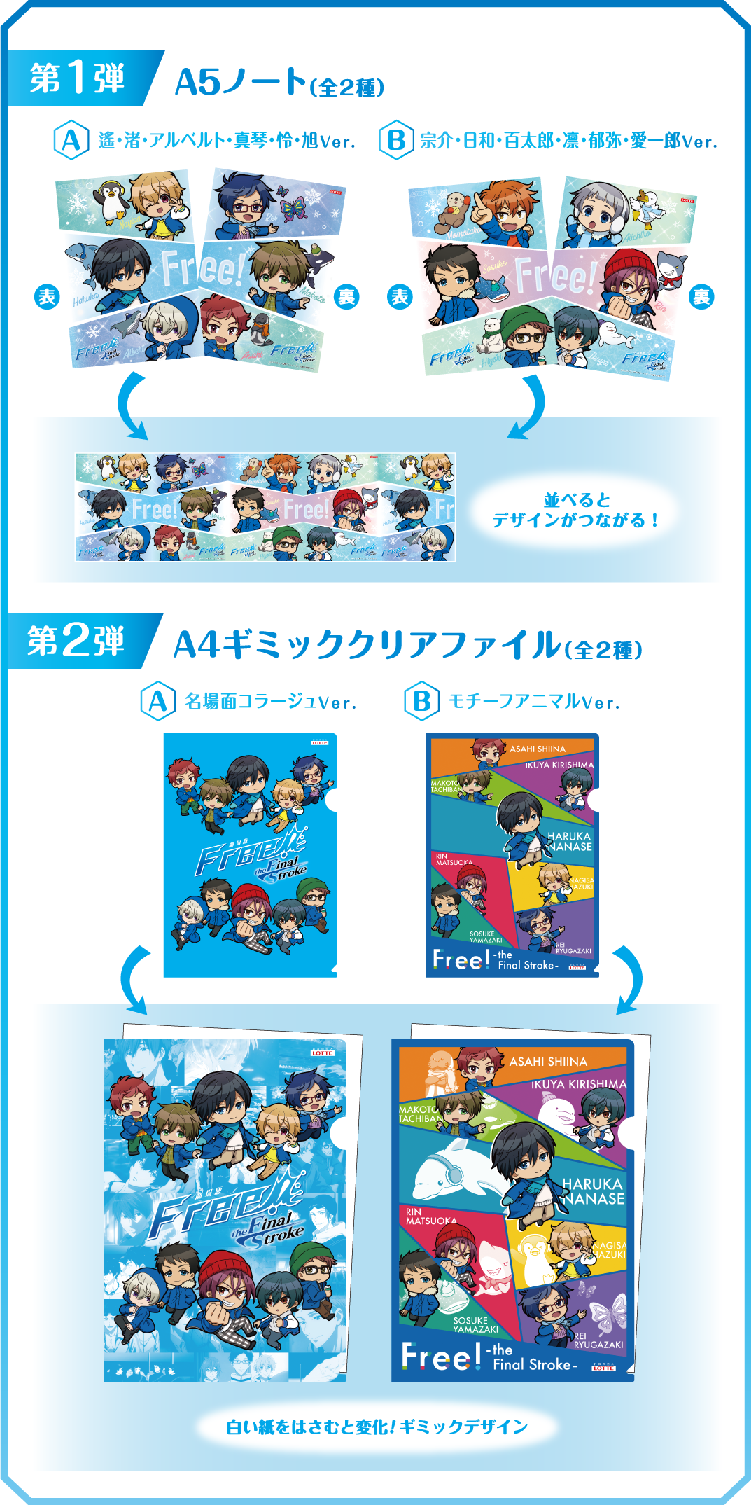 第1弾A5ノート（全2種）【A】遙・渚・アルベルト・真琴・怜・旭Ver.表裏【B】宗介・日和・百太郎・凛・郁弥・愛一郎Ver.表裏 並べるとデザインがつながる！ 第2弾A4ギミッククリアファイル（全2種）【A】名場面コラージュVer.【B】モチーフアニマルVer. 白い紙をはさむと変化!ギミックデザイン